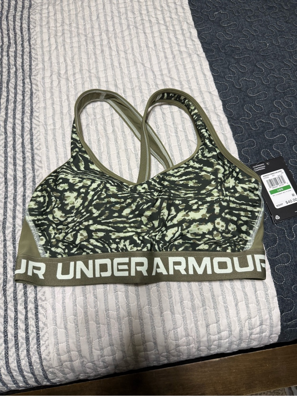 Under Armour Olive Green Printed Crossback Sports Bra